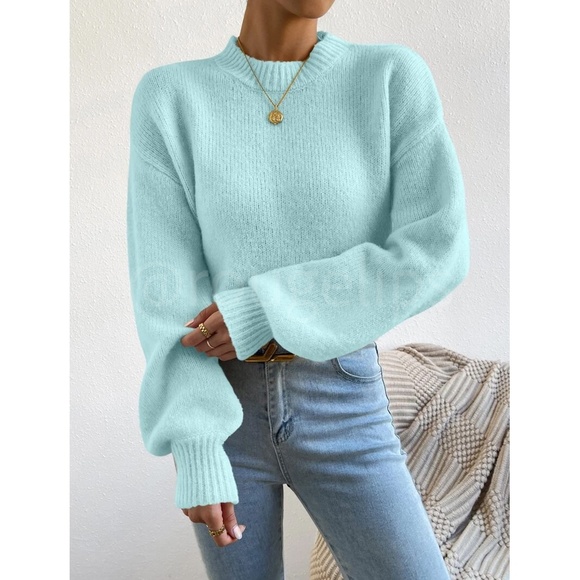 Mint Blue Soft Sweater Pullover Long Sleeve Drop Shoulder - Picture 4 of 9